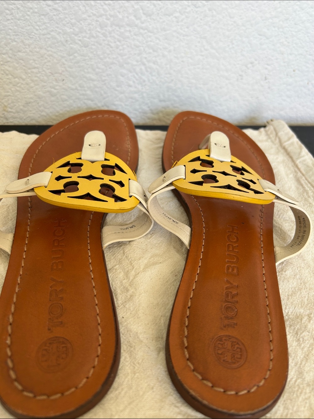 Tory Burch White and Yellow Miller Logo Thong Sandals - Picture 6 of 6